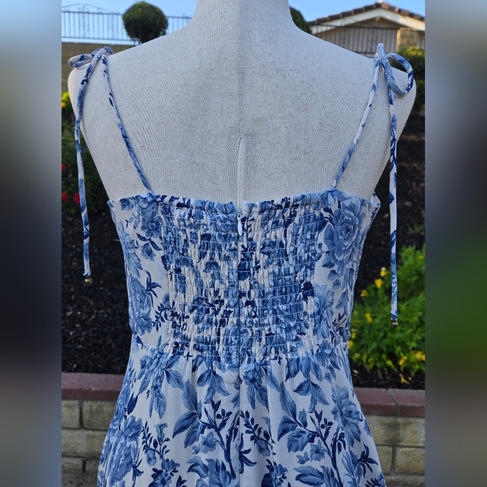 ​Petal & Pup Blue Floral Tie Strap Midi Dress Smocked Back Front Side Slit - Picture 9 of 16